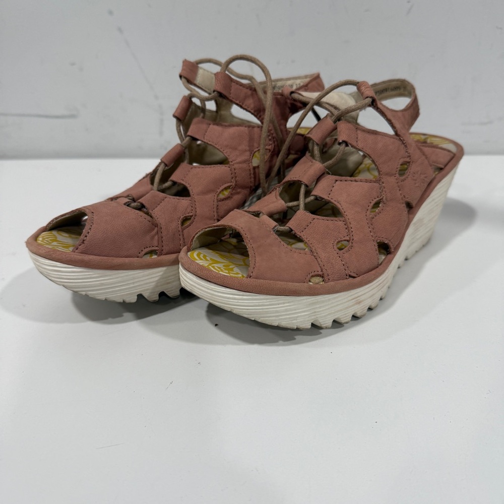 Fly London Nubuck Suede Rose Pink Lace Up Platform Sandals Shoes Size 37 (US 6)